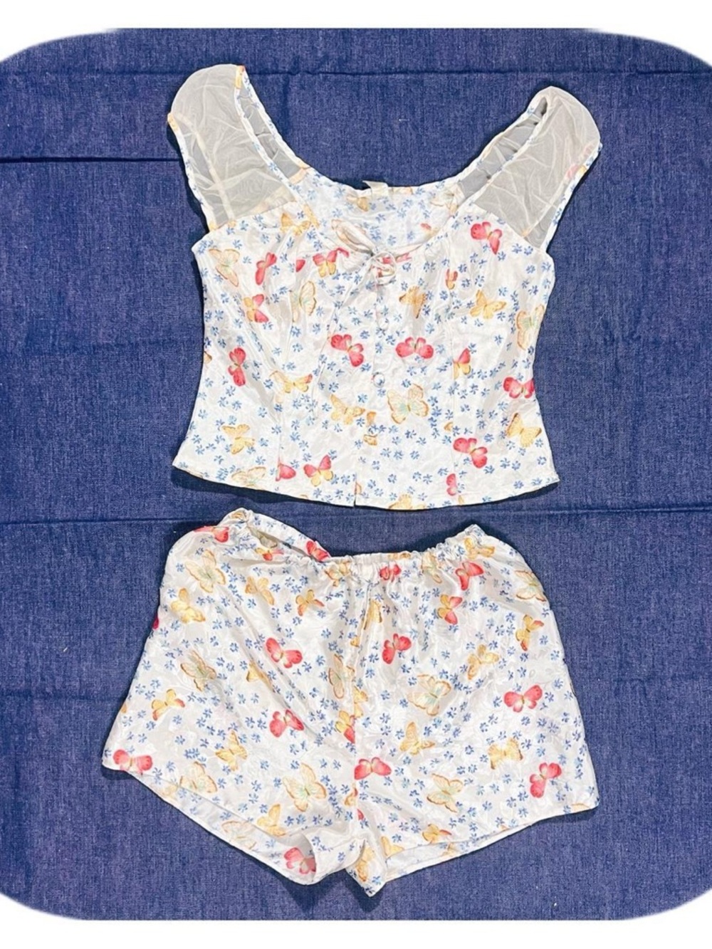 Y2K Butterfly Print Satin And Lace Pajama Set W Tank Top & Micro Shorts Sz M